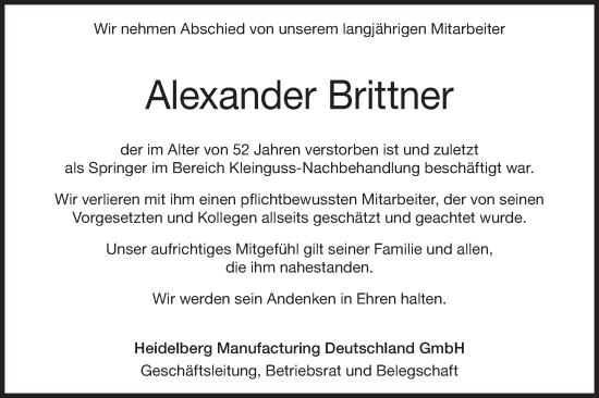 Traueranzeige von Alexander Brittner von Geislinger Zeitung