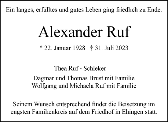 Traueranzeige von Alexander Ruf von Ehinger Tagblatt