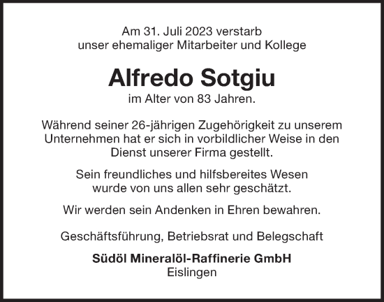 Traueranzeige von Alfredo Sotgiu von NWZ Neue Württembergische Zeitung