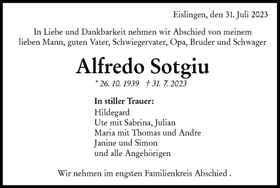 Traueranzeige von Alfredo Sotgiu von NWZ Neue Württembergische Zeitung