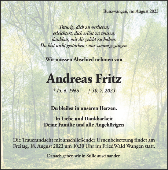 Traueranzeige von Andreas Fritz von NWZ Neue Württembergische Zeitung