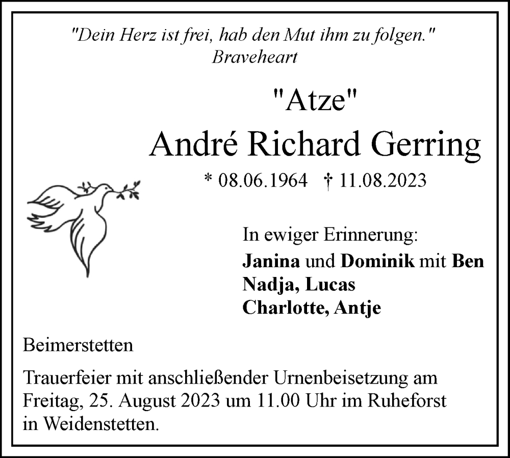  Traueranzeige für Andre Richard Gerring vom 22.08.2023 aus SÜDWEST PRESSE Ausgabe Ulm/Neu-Ulm