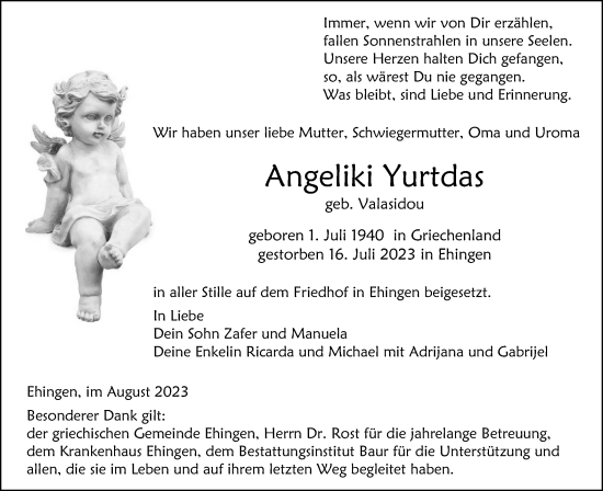 Traueranzeige von Angeliki Yurtdas von Ehinger Tagblatt