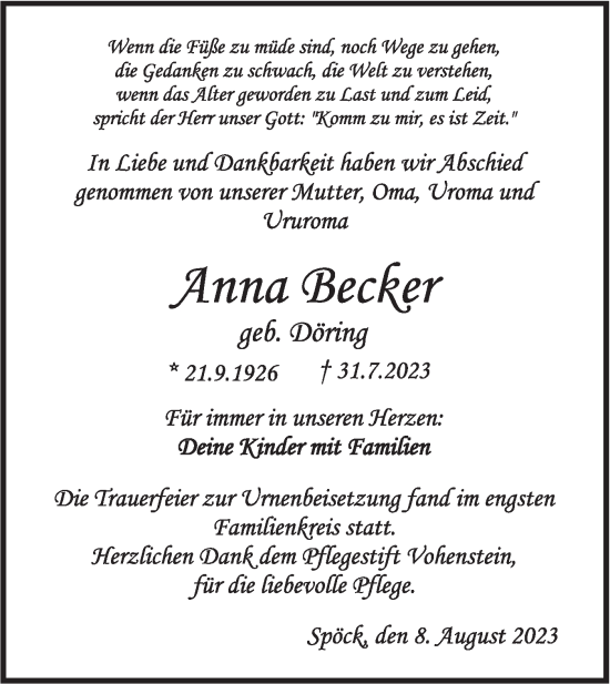 Traueranzeige von Anna Becker von Rundschau Gaildorf