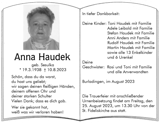 Traueranzeige von Anna Haudek von Hohenzollerische Zeitung