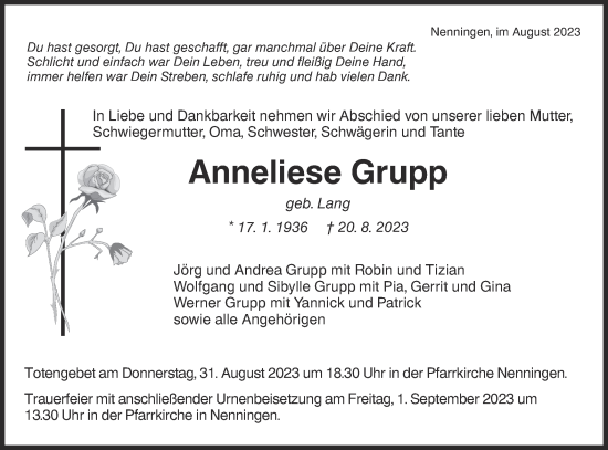 Traueranzeige von Anneliese Grupp von NWZ Neue Württembergische Zeitung/Geislinger Zeitung