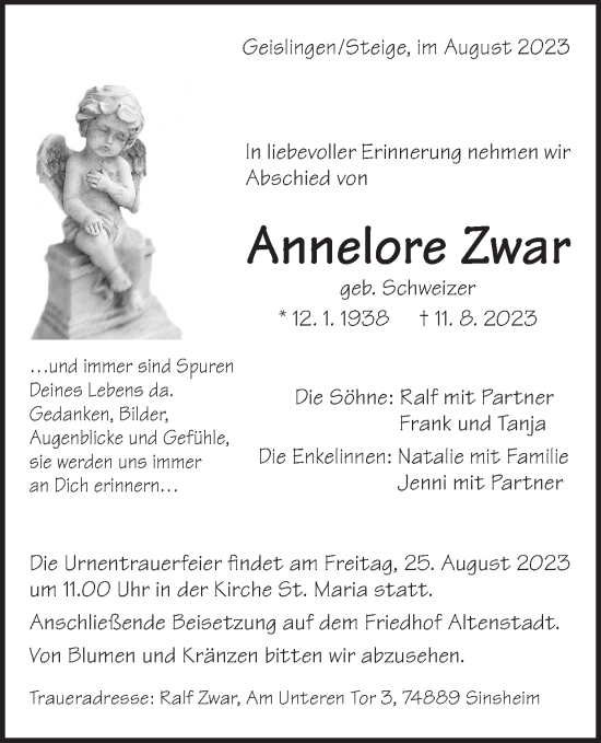 Traueranzeige von Annelore Zwar von Geislinger Zeitung