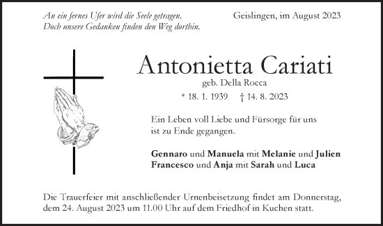 Traueranzeige von Antonietta Cariati von Geislinger Zeitung