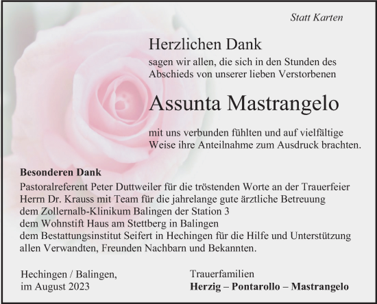 Traueranzeige von Assunta Mastrangelo von Hohenzollerische Zeitung