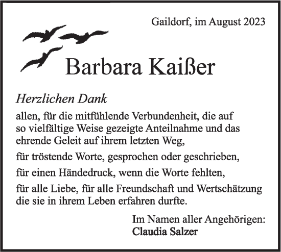 Traueranzeige von Barbara Kaißer von Rundschau Gaildorf