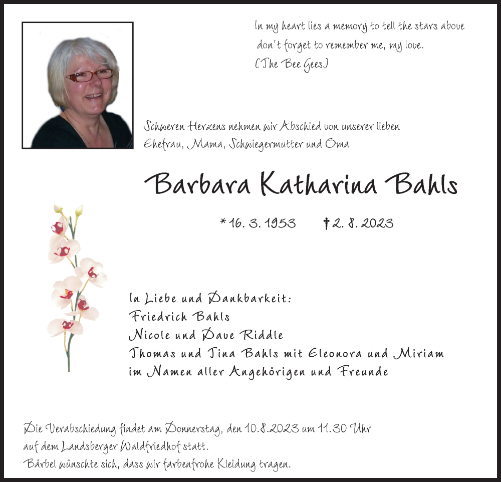  Traueranzeige für Barbara Katharina Bahls vom 05.08.2023 aus NWZ Neue Württembergische Zeitung