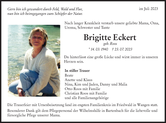 Traueranzeige von Brigitte Eckert von NWZ Neue Württembergische Zeitung