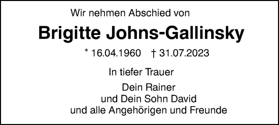 Traueranzeige von Brigitte Johns-Gallinsky von SÜDWEST PRESSE Ausgabe Ulm/Neu-Ulm