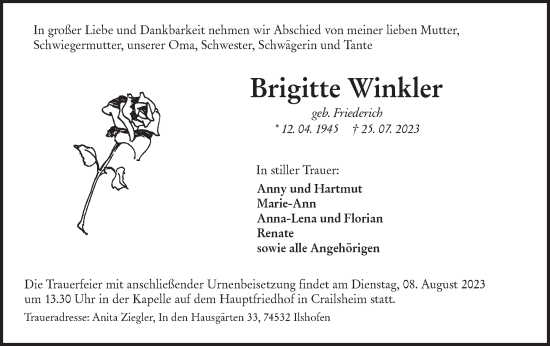 Traueranzeige von Brigitte Winkler von Hohenloher Tagblatt