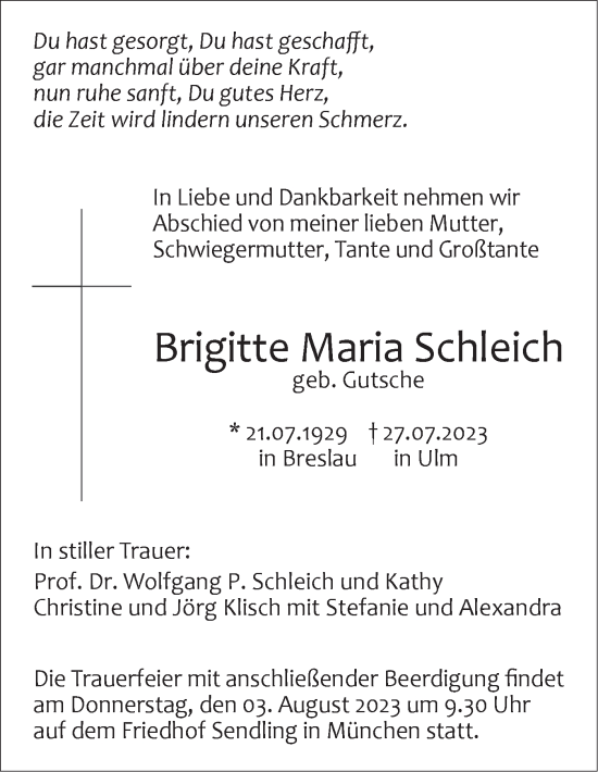 Traueranzeige von Brigitte Maria Schleich von SÜDWEST PRESSE Ausgabe Ulm/Neu-Ulm