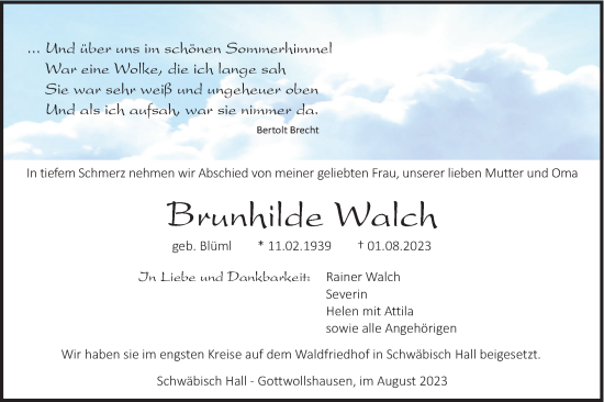 Traueranzeige von Brunhilde Walch von Haller Tagblatt