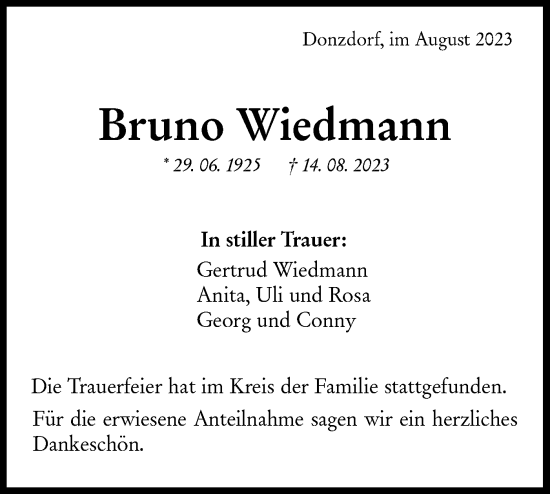 Traueranzeige von Bruno Wiedmann von NWZ Neue Württembergische Zeitung/Geislinger Zeitung