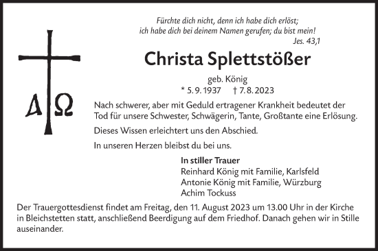 Traueranzeige von Christa Splettstößer von SÜDWEST PRESSE/SÜDWEST PRESSE