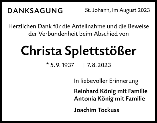 Traueranzeige von Christa Splettstößer von SÜDWEST PRESSE/SÜDWEST PRESSE