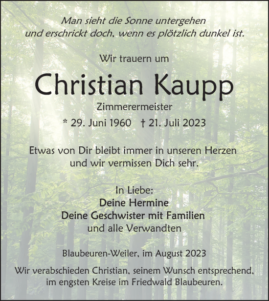 Traueranzeige von Christian Kaupp von SÜDWEST PRESSE Ausgabe Ulm/Neu-Ulm