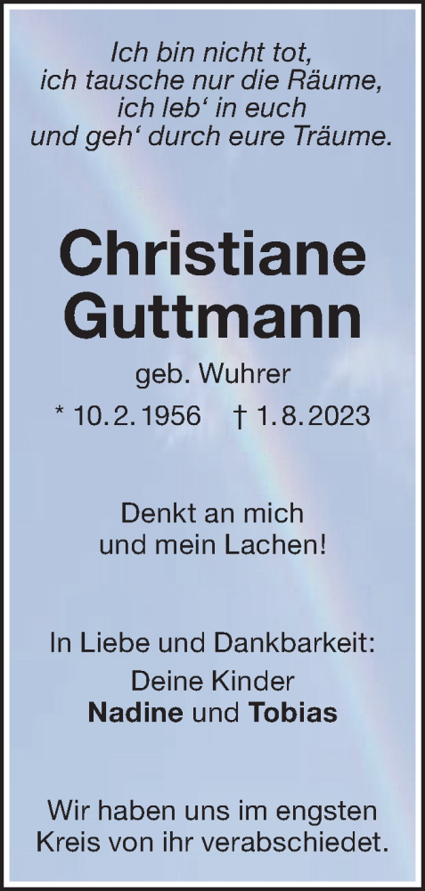 Traueranzeige von Christiane Guttmann von SÜDWEST PRESSE Ausgabe Ulm/Neu-Ulm