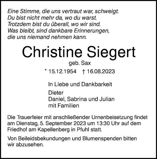 Traueranzeige von Christine Siegert von SÜDWEST PRESSE Ausgabe Ulm/Neu-Ulm