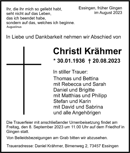 Traueranzeige von Christl Krähmer von NWZ Neue Württembergische Zeitung/Geislinger Zeitung