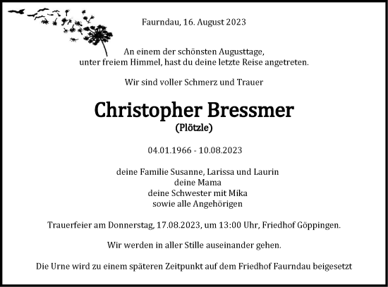 Traueranzeige von Christopher Bressmer von NWZ Neue Württembergische Zeitung