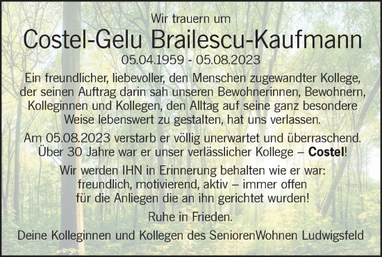 Traueranzeige von Costel-Gelu Brailescu-Kaufmann von SÜDWEST PRESSE Ausgabe Ulm/Neu-Ulm