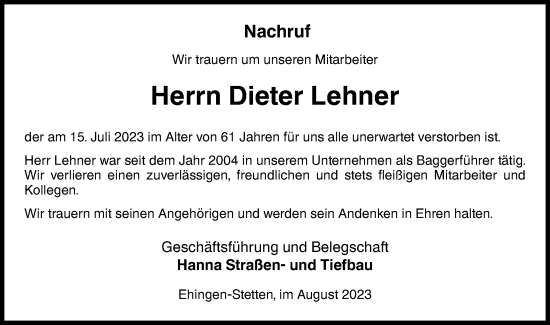 Traueranzeige von Dieter Lehner von Ehinger Tagblatt