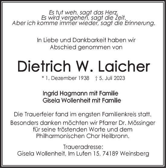 Traueranzeige von Dietrich W. Laicher von Hohenloher Tagblatt