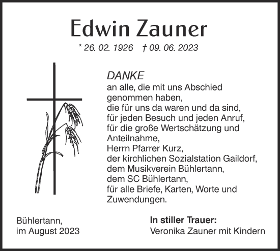 Traueranzeige von Edwin Zauner von Haller Tagblatt