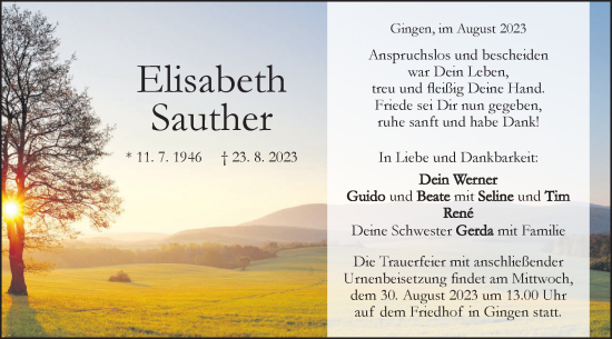 Traueranzeige von Elisabeth Sauther von NWZ Neue Württembergische Zeitung/Geislinger Zeitung