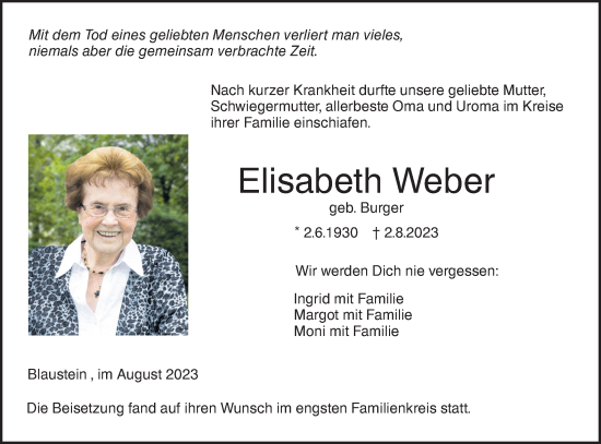 Traueranzeige von Elisabeth Weber von SÜDWEST PRESSE Ausgabe Ulm/Neu-Ulm