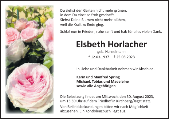 Traueranzeige von Elsbeth Horlacher von Hohenloher Tagblatt