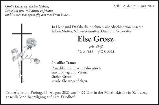 Traueranzeige von Else Grosz von NWZ Neue Württembergische Zeitung