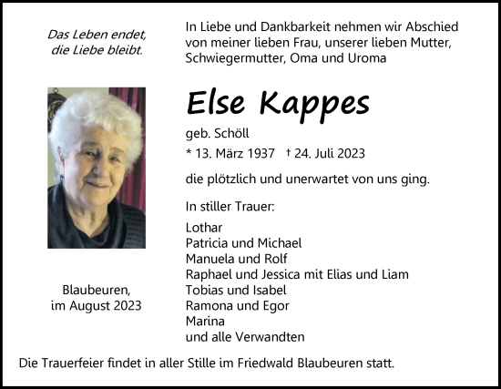 Traueranzeige von Else Kappes von Das Blaumännle