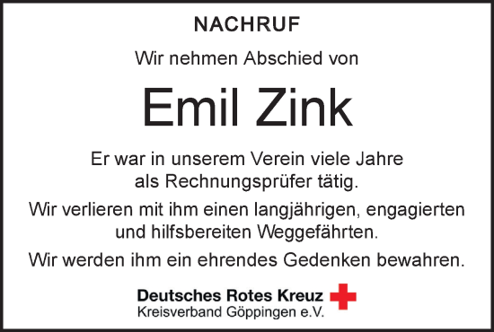 Traueranzeige von Emil Zink von Geislinger Zeitung