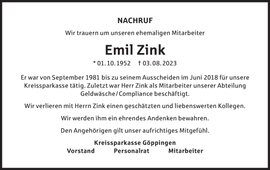 Traueranzeige von Emil Zink von NWZ Neue Württembergische Zeitung/Geislinger Zeitung