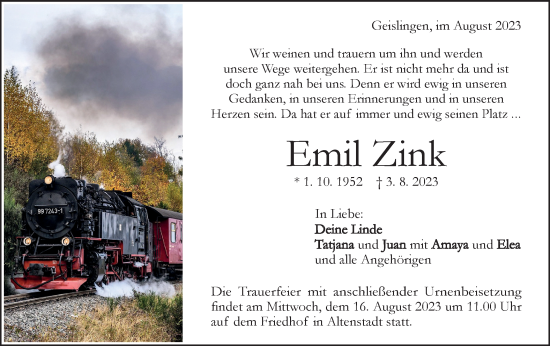 Traueranzeige von Emil Zink von NWZ Neue Württembergische Zeitung/Geislinger Zeitung