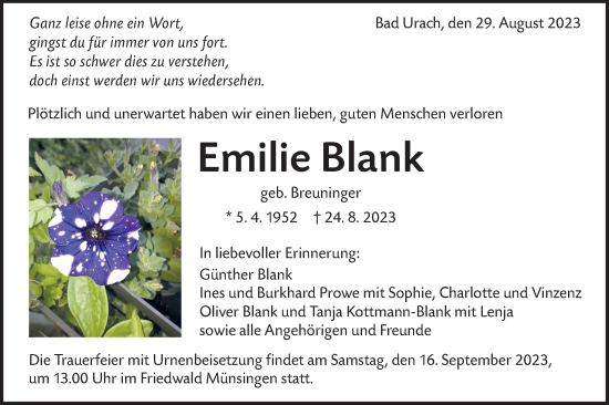 Traueranzeige von Emilie Blank von SÜDWEST PRESSE/SÜDWEST PRESSE