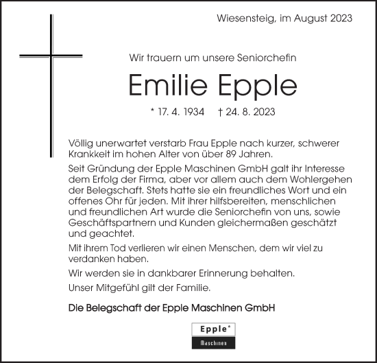 Traueranzeige von Emilie Epple von Geislinger Zeitung