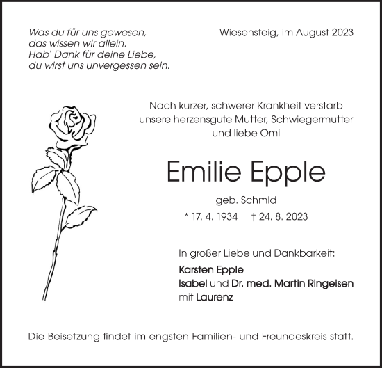 Traueranzeige von Emilie Epple von Geislinger Zeitung