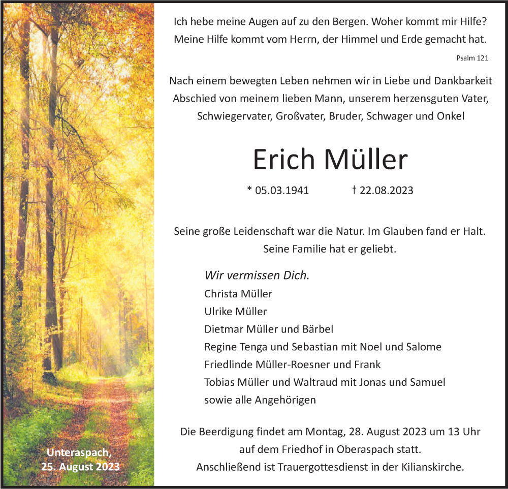  Traueranzeige für Erich Müller vom 25.08.2023 aus Haller Tagblatt