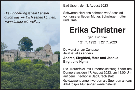 Traueranzeige von Erika Christner von SÜDWEST PRESSE/SÜDWEST PRESSE