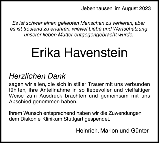 Traueranzeige von Erika Havenstein von NWZ Neue Württembergische Zeitung