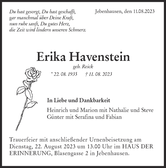 Traueranzeige von Erika Havenstein von NWZ Neue Württembergische Zeitung