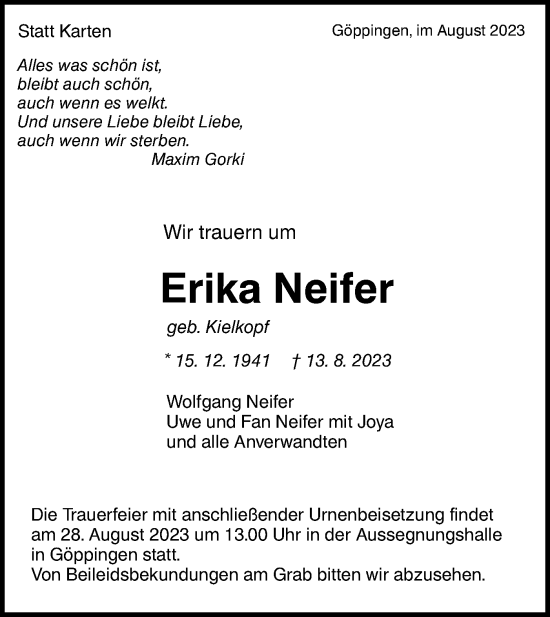 Traueranzeige von Erika Neifer von NWZ Neue Württembergische Zeitung