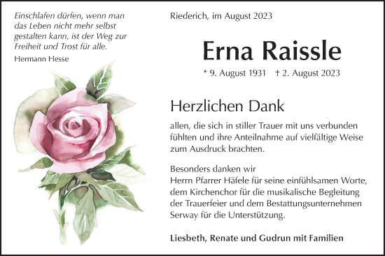 Traueranzeige von Erna Raissle von SÜDWEST PRESSE/SÜDWEST PRESSE