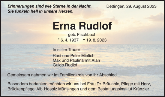 Traueranzeige von Erna Rudlof von SÜDWEST PRESSE/SÜDWEST PRESSE